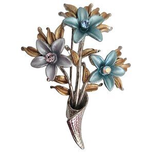 Silver Tone Pastel Enamel, Rhinestone Flower In Vase Brooch